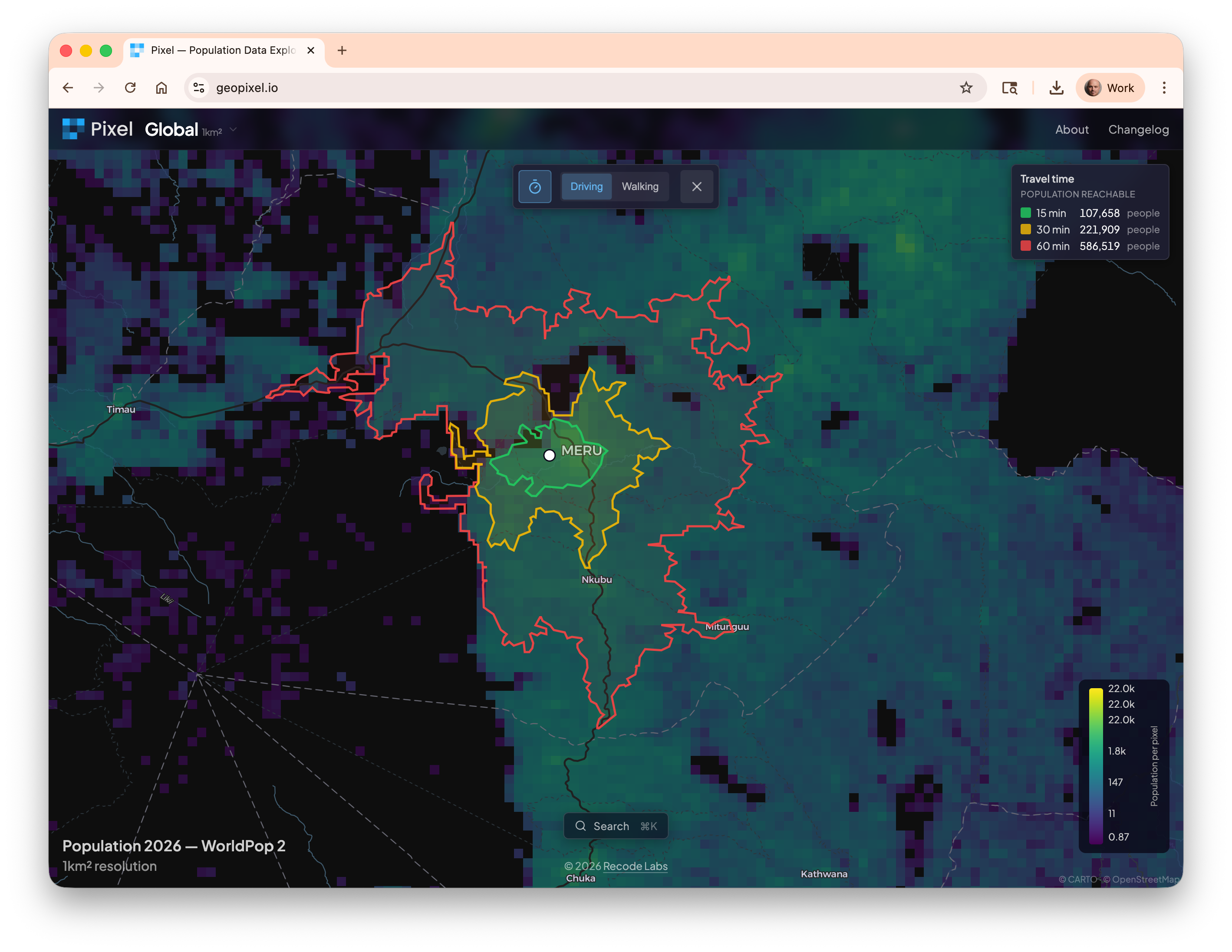 Pixel UI showing a WorldPop population layer with travel-time isochrones around Meru, Kenya
